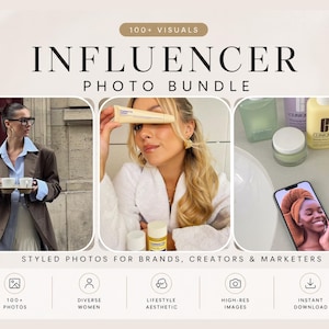 May include: A graphic advertising an Influencer Photo Bundle, featuring three lifestyle images. Text includes "Influencer Photo Bundle" and "Styled Photos for Brands, Creators & Marketers". Icons represent 100+ photos, diverse women, lifestyle aesthetic, high-res images, and instant download.