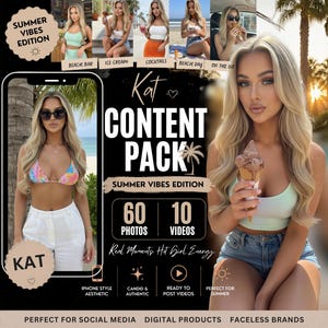 Kat AI Influencer Content Pack Summer Vibes Edition, 60 Photos 10 Videos, Faceless Content Creator Bundle, Instagram TikTok Content Kit