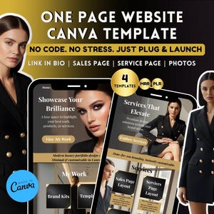May include: A promotional image for a Canva website template. The image features a woman in a black blazer, a smartphone displaying website mockups, and the text "ONE PAGE WEBSITE CANVA TEMPLATE". The template offers 4 designs and is customizable.