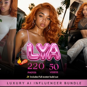 May include: A digital bundle featuring a collection of 220 photos and 50 videos titled LYA, showcasing a person with long orange hair in various outfits including a white cherry-print crop top, a pink camisole, and a black mesh long-sleeve top.