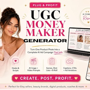 Könnte beinhalten: Eine digitale Marketinggrafik mit dem Titel Plug & Profit UGC Money Maker Generator. Sie zeigt einen Laptop mit einer AI UGC-Werbekampagne, ein Smartphone mit einer Videooberfläche und Text über KI-generierte Werbeinhalte.