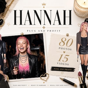 May include: A digital marketing bundle titled HANNAH PLUG AND PROFIT featuring 80 photos and 15 videos. The layout includes images of a person with pink hair in black outfits, a gold necklace, a candle, perfume, lipstick, and a pen.