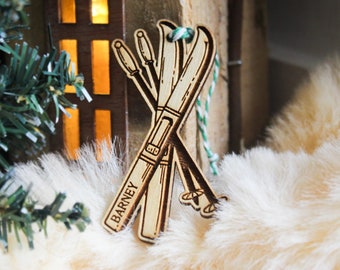 Personalised Skiing Christmas Ornament skis winter sports fan snow gift Custom Bauble Engraved Rustic Wooden Personalised Tree Decoration