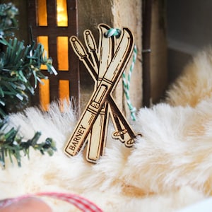 Personalised Skiing Christmas Ornament skis winter sports fan snow gift Custom Bauble Engraved Rustic Wooden Personalised Tree Decoration