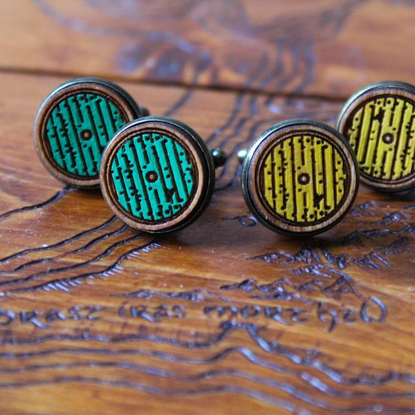 Green Door Cufflinks Wood Handmade Laser Engraved Unique Unusual Rustic Wedding Accessory Nerd Fantasy Yellow Door Wedding Shire groom gift
