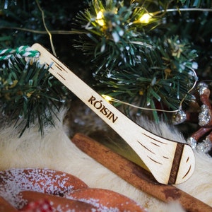 Personalised Hurl Christmas Ornament Hurling Camogie Wood Custom Bauble Laser Engrave Rustic Wooden Name Personalised Tree Decoration Irish image 1