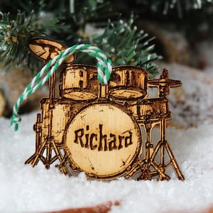 Personalised Drums Christmas Ornament Drumkit Music Wood Custom Bauble Laser Engraved Rustic Wooden Name Personalised Tree Decoration Irish
