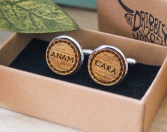 Anam Cara Cufflinks Wood Handmade Laser Engraved Unique Unusual Rustic Wedding Accessory Celtic soul mate friend irish ireland Gaelic