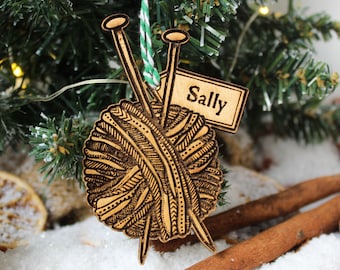 Personalised Knitting Christmas Ornament Crocheting Wood Custom Bauble Laser Engraved Rustic Wooden Name Personalised Tree Decoration Irish