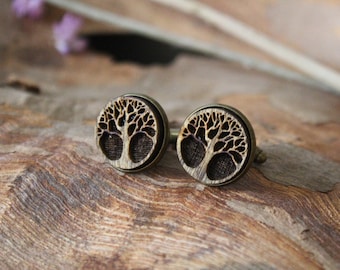 Tree of Life Cufflinks Wood Handmade Laser Engraved Unique Unusual Rustic Wedding Accessory Celtic Cosmic Creation Mother Nature gift groom