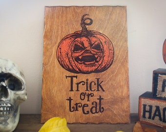 Trick or treat rustic wooden sign poster pumpkin Wood Burning Pyrography Rustic house Gift Handmade haunted house halloween decor fun