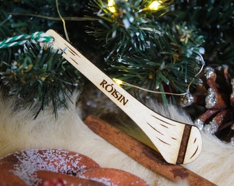 Personalised Hurl Christmas Ornament Hurling Camogie Wood Custom Bauble Laser Engrave Rustic Wooden Name Personalised Tree Decoration Irish