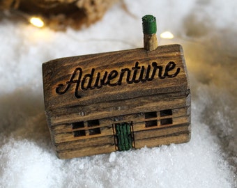 Hand carved Adventure cottage cabin ornament great outdoors gift lover camping wooden Rustic Wood  Pyrography Burned Vintage fun gift nature