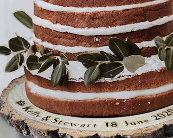 Rustic Cake Stand Wooden Personalised Engraved Wedding Cake Base Keepsake Gift for Couple Names and Date Plaque Extra Large Quality Boho Log