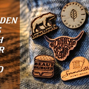 Your logo as a pin small businesses wooden pins cool ideas handmade retro wood burned badge owner gifts customer