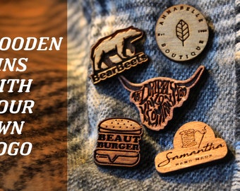 Your logo as a pin small businesses wooden pins cool ideas handmade retro wood burned badge owner gifts customer