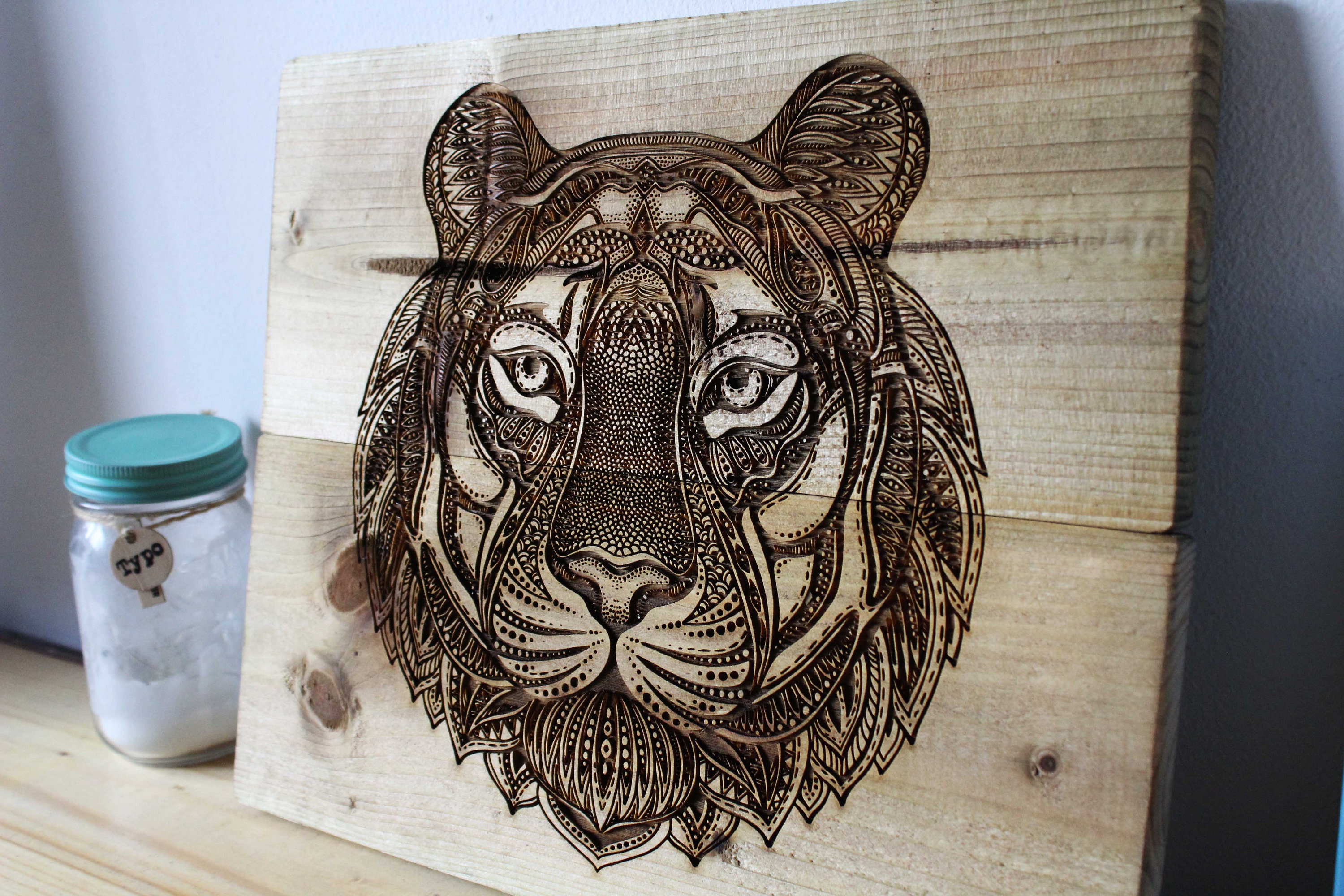 Tiger Wooden Art Rustic Handmade Wood Burning Unique Poster