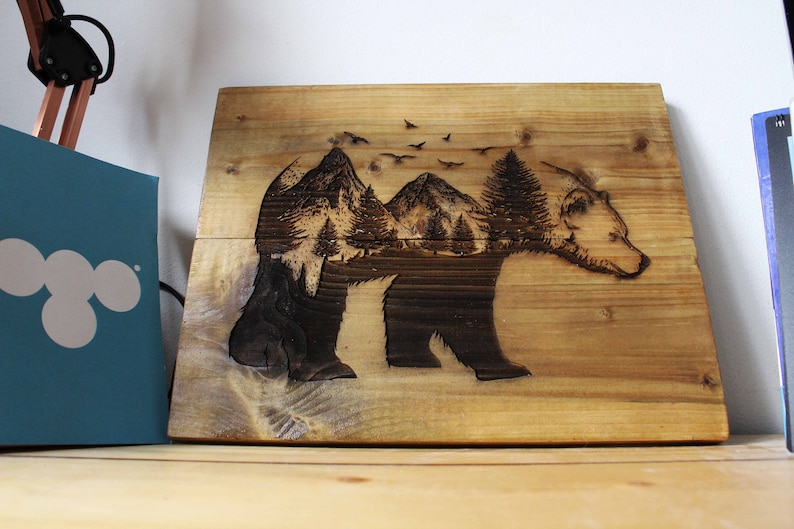 Bear Forrest Wooden Art Rustic Handmade Wood Burning Unique Etsy