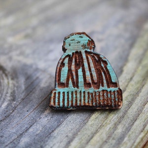 Explore Beanie Wooden Pin hat Badge Wood gift badge fan Flair Handmade Pyrography pins wanderlust outdoors lover nature camping adventure image 1