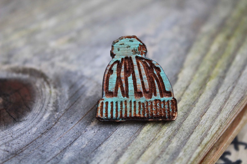 Explore Beanie Wooden Pin hat Badge Wood gift badge fan Flair Handmade Pyrography pins wanderlust outdoors lover nature camping adventure image 1