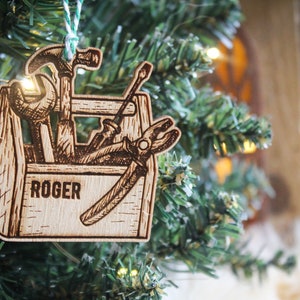 Personalised tool box Christmas Ornament worker handyman tools carpenter Custom Bauble Engraved Rustic Wooden Personalised Tree Decoration