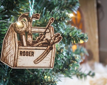 Personalised tool box Christmas Ornament worker handyman tools carpenter Custom Bauble Engraved Rustic Wooden Personalised Tree Decoration