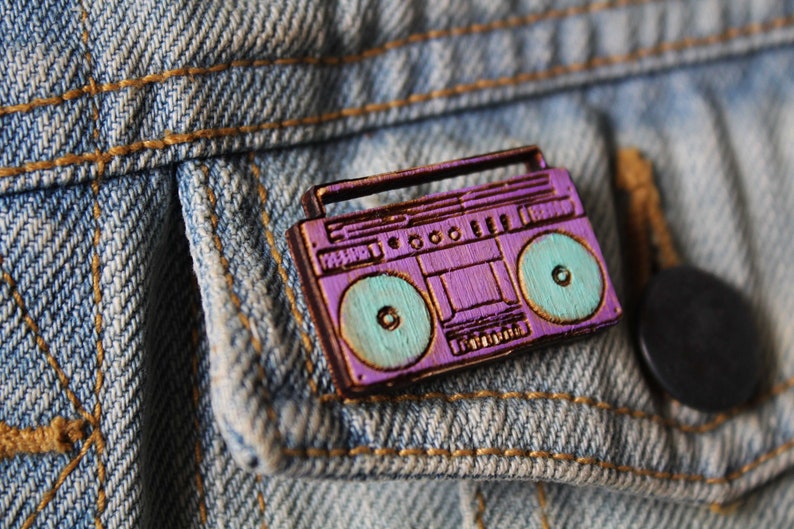 Ghetto Blaster Wooden Pin Badge music hip hop funk dj funny pin gift badge fan Flair Handmade Pyrography pins sustainable cute neon image 3