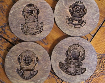 Vintage Diver Coasters diving bell sea nautical Wood Burning Pyrography Rustic Gift Handmade Home Hinduism decor funky the sea suit