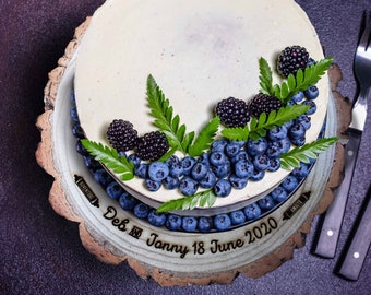 Rustic Cake Stand Wooden Personalised Engraved Wedding Cake Base Keepsake Gift for Couple Names and Date Plaque Extra Large Quality Boho Log