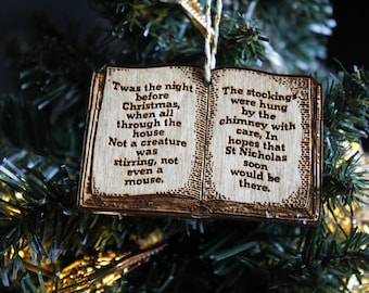 Night Before Christmas Bauble Book Vintage Poem Classic Ornament Rustic Stocking Laser Wood Burn Visit From St Nicholas Clement Clarke Moore