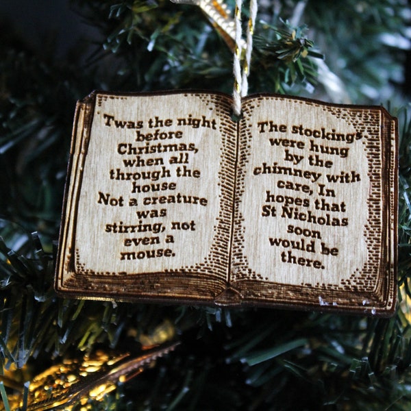 Night Before Christmas Bauble Book Vintage Poem Classic Ornament Rustic Stocking Laser Wood Burn Visit From St Nicholas Clement Clarke Moore