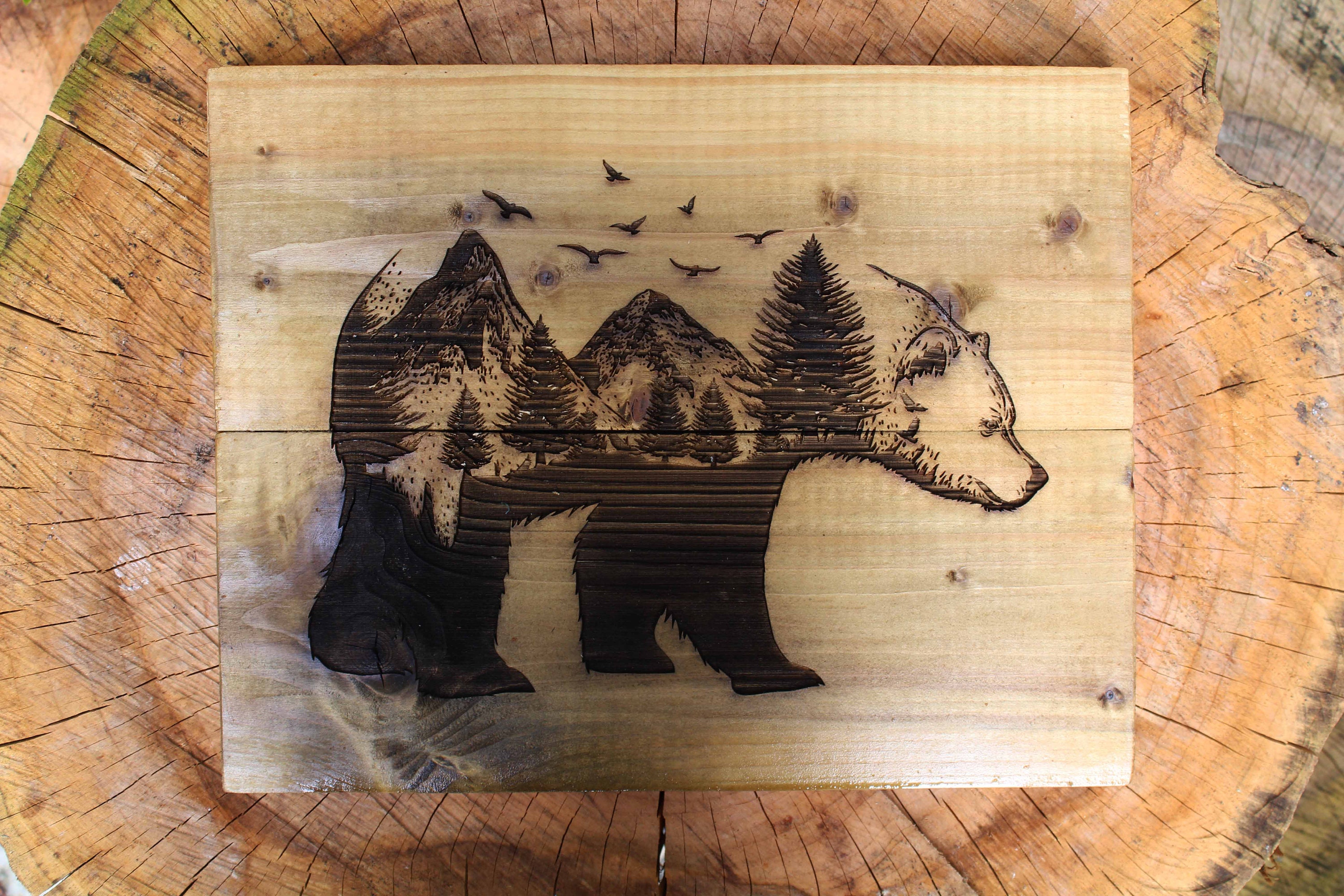 Bear Forrest Wooden Art Rustic Handmade Wood Burning Unique Etsy