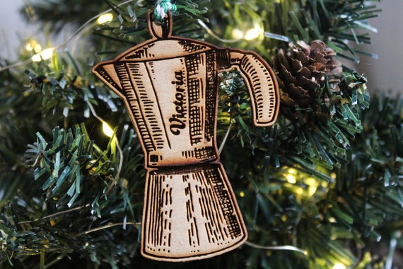 Personalised Coffee Lover Wood Christmas Ornament Bialetti Pot