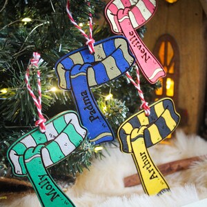 Personalised scarf wooden bauble ornament christmas witch wizard Themed book movie nerd geek gift fantasy house colours wizardry school image 7