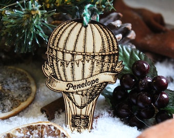 Personalised Hot air balloon Christmas  Ornament Wood Custom Bauble Laser Engraved Rustic Wooden Name Personalise Tree Decoration Irish