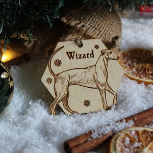 Whippet Personalised wooden bauble hound lurcher ornament dog name breed gift quirky rustic  laser wood burned ornate dog lover decoration