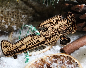 Personalised vintage aeroplane Christmas Ornament airplane Wood Custom Bauble Laser Engraved Rustic Wooden Name Personalised Tree Decoration