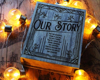 Our Story Book Box Pyrography Case Treasure Memory Book Box Handmade Wood Burning Rustic valentines wedding gift couple memories poem love