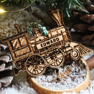 Personalised vintage train Christmas Ornament spotter Wood Custom Bauble Laser Engraved Rustic Wooden Name Personalised Tree Decoration