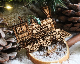 Personalised vintage train Christmas Ornament spotter Wood Custom Bauble Laser Engraved Rustic Wooden Name Personalised Tree Decoration