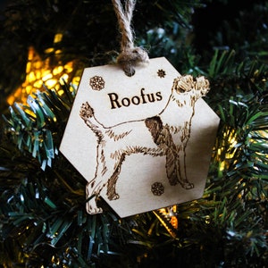 Border Terrier dog Personalised wooden bauble ornament dog name breed gift quirky rustic laser wood burned ornate dog lover pet decoration image 4