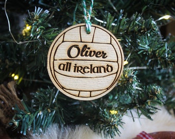 Personalised Gaelic Ball Christmas Ornament GAA Sport Wood Custom Bauble Laser Engrave Rustic Wooden Name Personalised Tree Decoration Irish