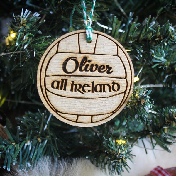 Personalised Gaelic Ball Christmas Ornament GAA Sport Wood Custom Bauble Laser Engrave Rustic Wooden Name Personalised Tree Decoration Irish