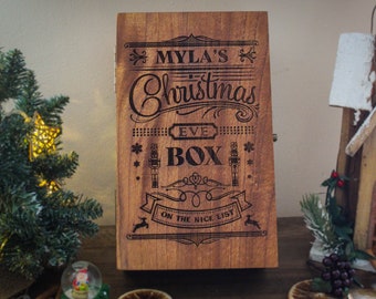 Personalised Wooden Christmas eve box rustic vintage design keepsake wood burned design ornate nutcracker add name lightweight beautiful