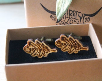 Bladmanchetknopen Hout Handgemaakte Laser Gegraveerde Unieke Ongebruikelijke Rustieke Bruiloft Accessoire Natuurliefhebber Eikenboom Bladeren Natuurlijke Boho Casual Vrede