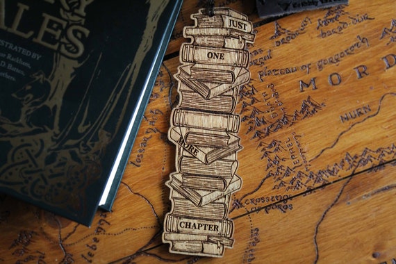 Wooden Bookmark book stack one more chapter adventure quote Rustic Handmade Wood Burning bookworm lover reader Pyrography poem books gift