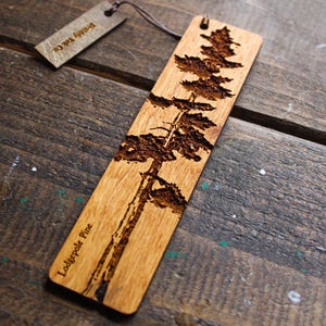 Könnte beinhalten: Ein Holz-Lesezeichen mit einem lasergravierten Bild einer Lodgepole-Kiefer. Das Lesezeichen ist braun und hat den Text "Lodgepole Pine" unten eingraviert.