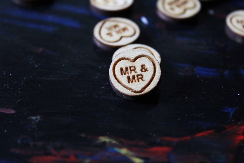 Love hearts wooden Wedding Table Confetti rustic Rustic Wooden Mr Mrs laser cut decoration scatter bags small quirky cute sweets gay wedding image 9