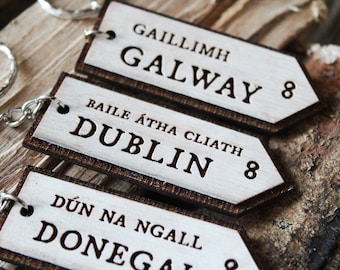 Irish road sign wooden keyrings gift location road sign gaelic engraved Pyrography personalised Handmade northern ireland gift town county