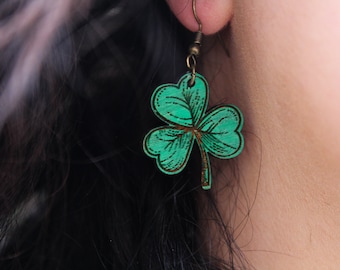Shamrock wooden earrings st patricks day clover lucky handmade in ireland paddies day outfit jewellery gift green laser cut